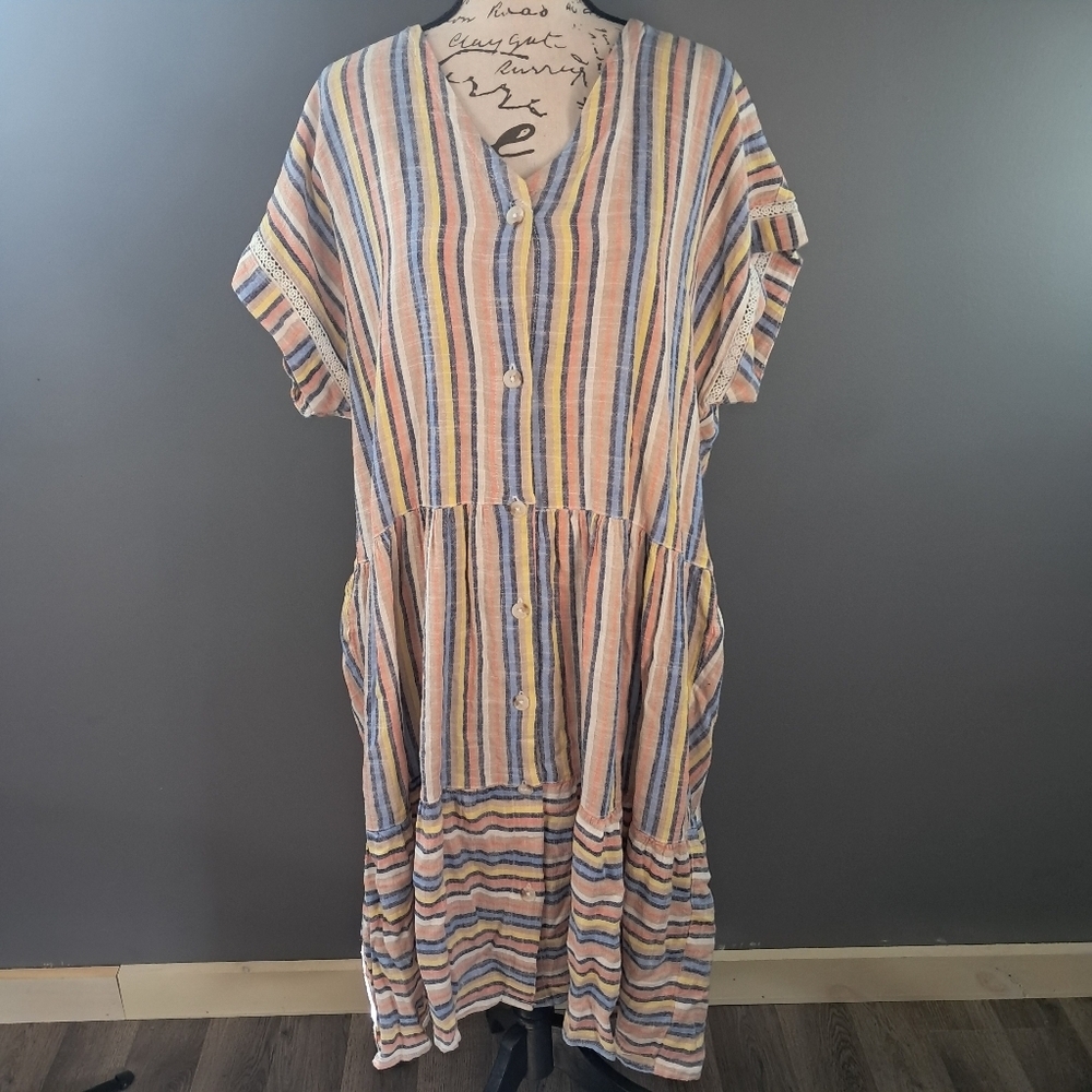 Next Multi Stripe Linen Blend Tiered Mini Dress Size XL